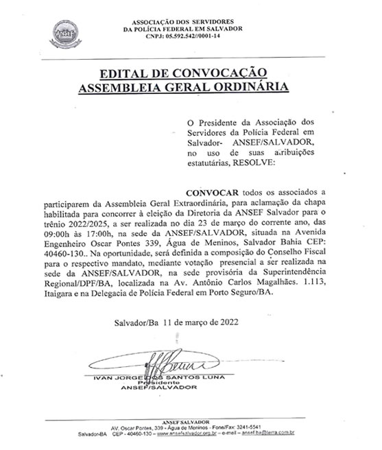Imagem da notícia Edital de Convocação Assembleia Geral Ordinária