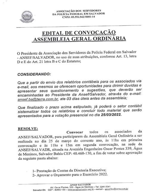 Imagem do edital Edital de Convocação - Assembleia Geral Ordinária - parte 1