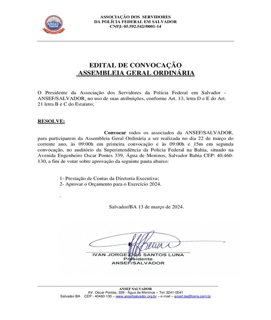 Imagem do edital Edital de Convocação - Assembleia Geral Ordinária