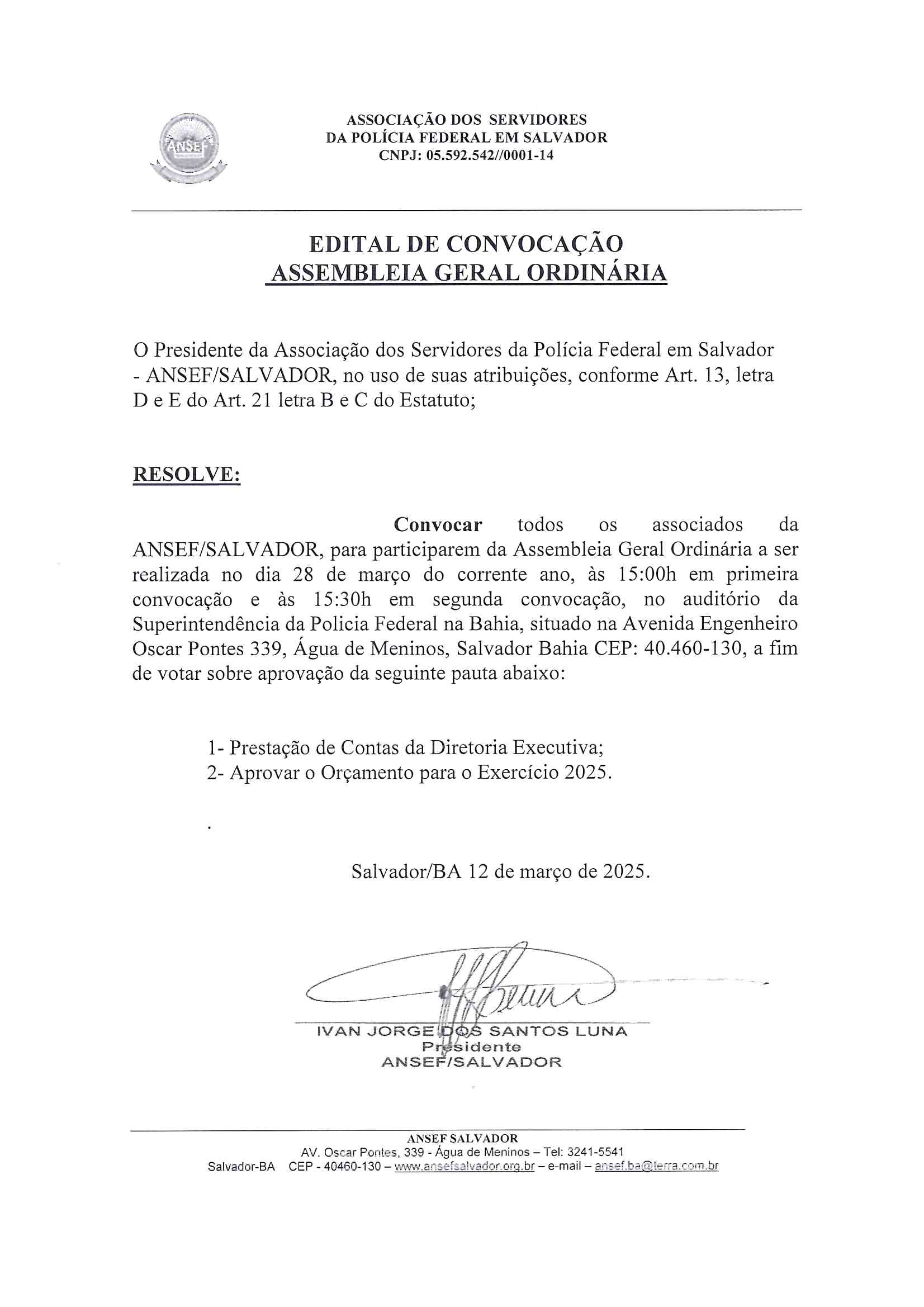 Imagem da notícia Edital de Convocação - Assembleia Geral Ordinária
